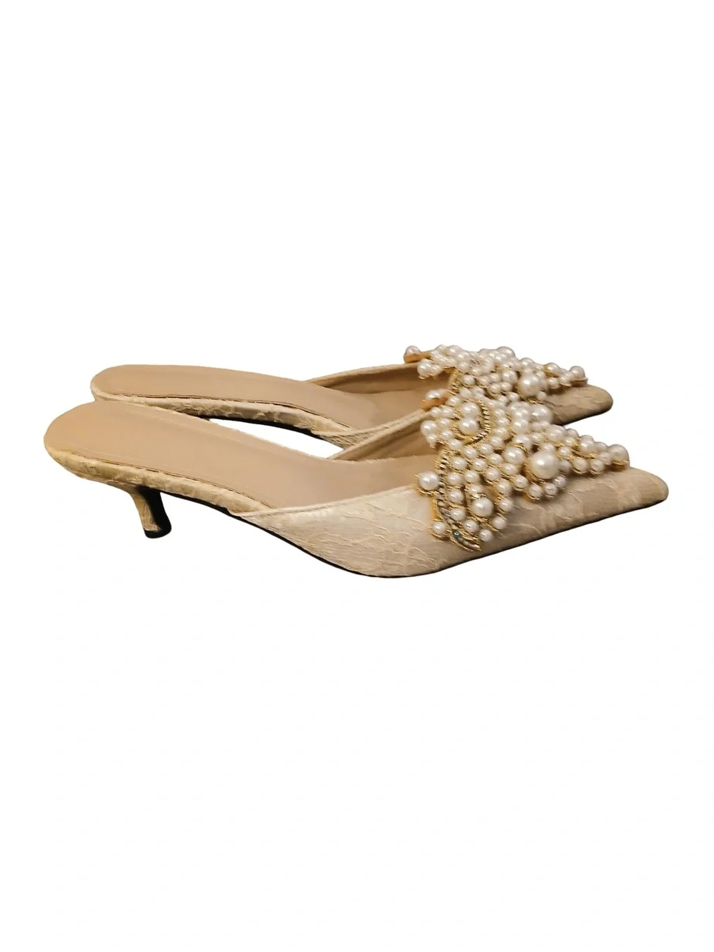 Embellished Lace Pearl Kitten Heel Regencycore Victorian Colonial Pointy Shoes 9